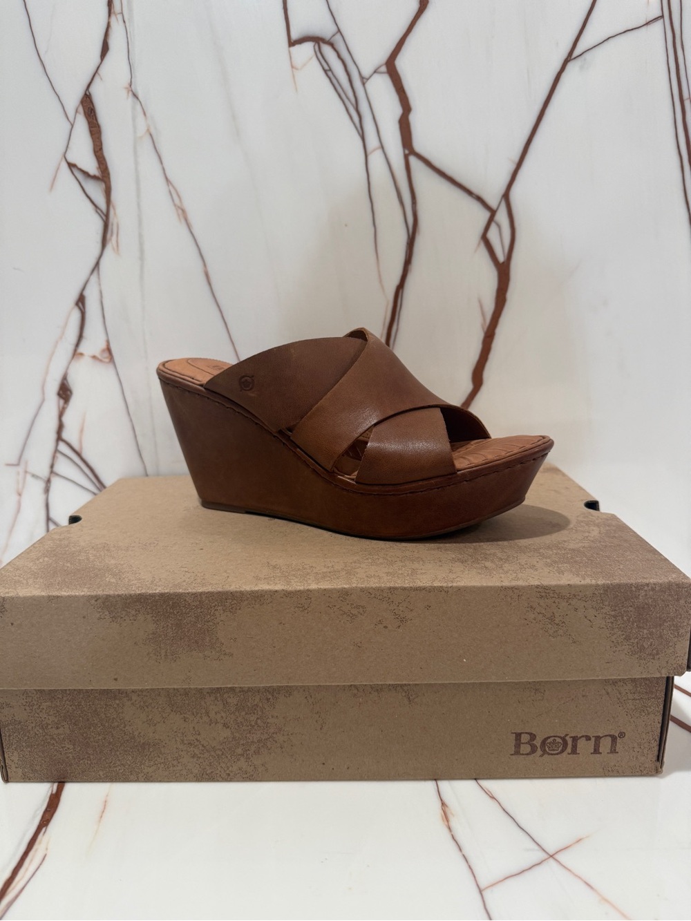 Born Nikki Brown Leather Cross-Strap Wedge Sandal, size 10